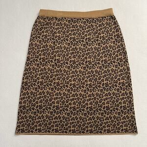 Exclusively Misook Women Brown Acrylic Knit Leopard Animal Print Pencil Skirt M